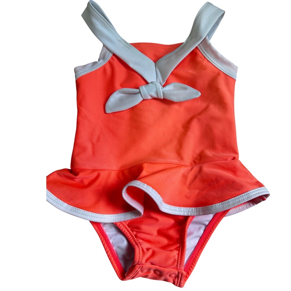 Lullaby Set Baby Girls Coral Orange White Bow Ruffle‎ One Piece Swimsuit 18M NWT
